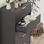 Commode à 5 tiroirs cannelés de 119 cm de hauteur avec poignées dorées, armoire de rangement au fini ton bois pour chambre, placard et entrée, organisateur multi-usage
