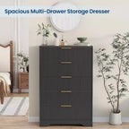 Commode à 5 tiroirs cannelés de 119 cm de hauteur avec poignées dorées, armoire de rangement au fini ton bois pour chambre, placard et entrée, organisateur multi-usage