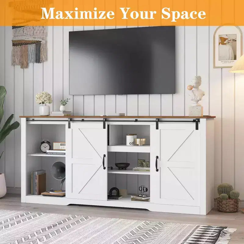 Meubles TV de style rustique pour téléviseurs de 80 pouces, centre de divertissement en bois rustique avec étagères réglables et porte coulissante de grange, table console TV avec rangement ouvert