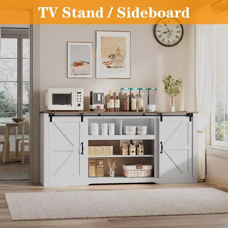Meubles TV de style rustique pour téléviseurs de 80 pouces, centre de divertissement en bois rustique avec étagères réglables et porte coulissante de grange, table console TV avec rangement ouvert