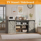 Meubles TV de style rustique pour téléviseurs de 80 pouces, centre de divertissement en bois rustique avec étagères réglables et porte coulissante de grange, table console TV avec rangement ouvert