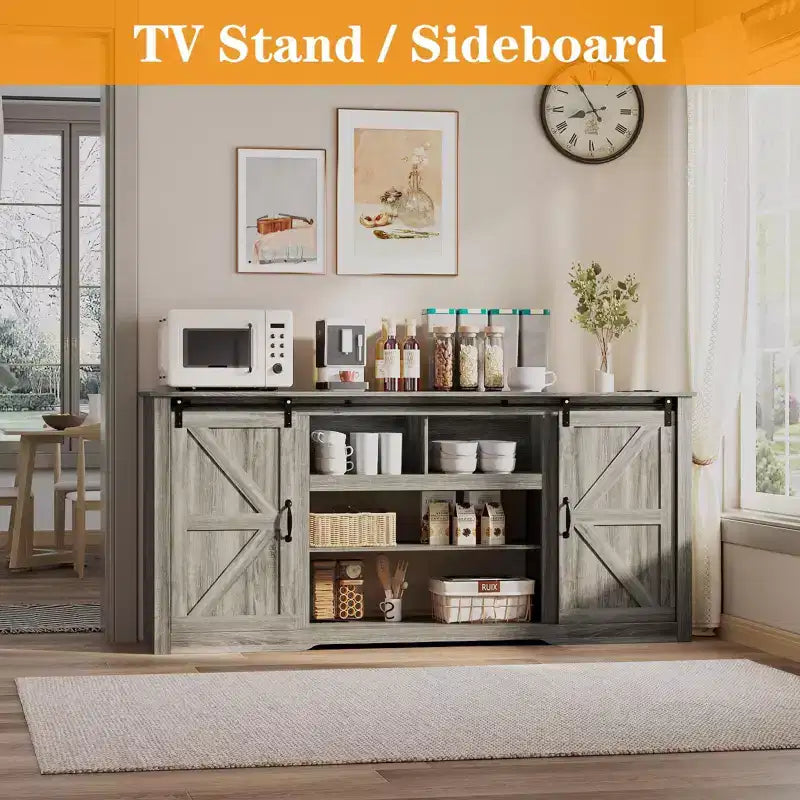 Meubles TV de style rustique pour téléviseurs de 80 pouces, centre de divertissement en bois rustique avec étagères réglables et porte coulissante de grange, table console TV avec rangement ouvert