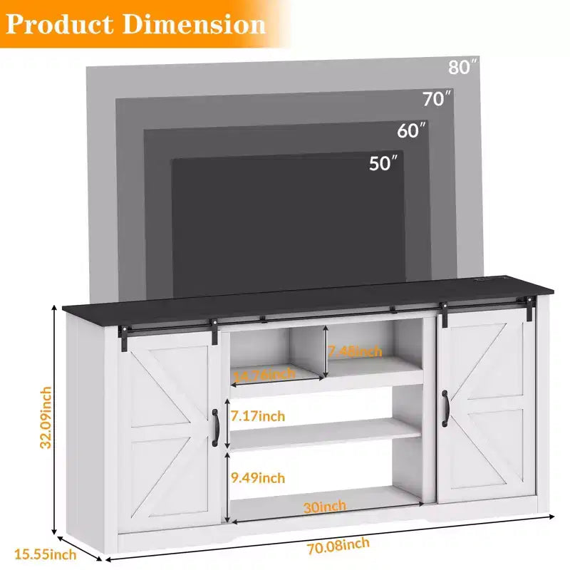 Meubles TV de style rustique pour téléviseurs de 80 pouces, centre de divertissement en bois rustique avec étagères réglables et porte coulissante de grange, table console TV avec rangement ouvert