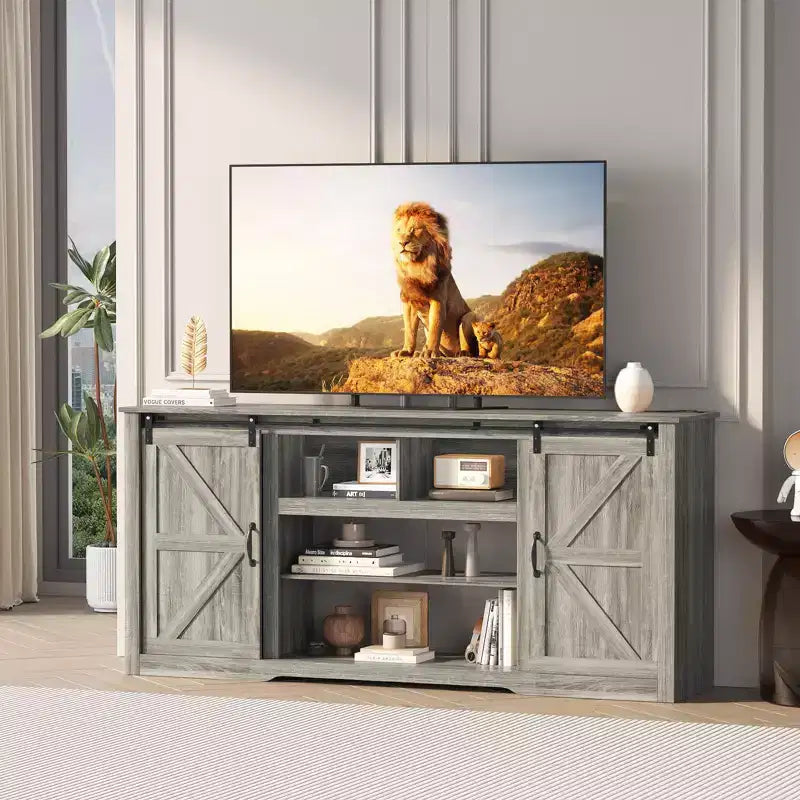 Meubles TV de style rustique pour téléviseurs de 80 pouces, centre de divertissement en bois rustique avec étagères réglables et porte coulissante de grange, table console TV avec rangement ouvert
