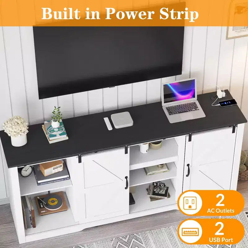 Meubles TV de style rustique pour téléviseurs de 80 pouces, centre de divertissement en bois rustique avec étagères réglables et porte coulissante de grange, table console TV avec rangement ouvert