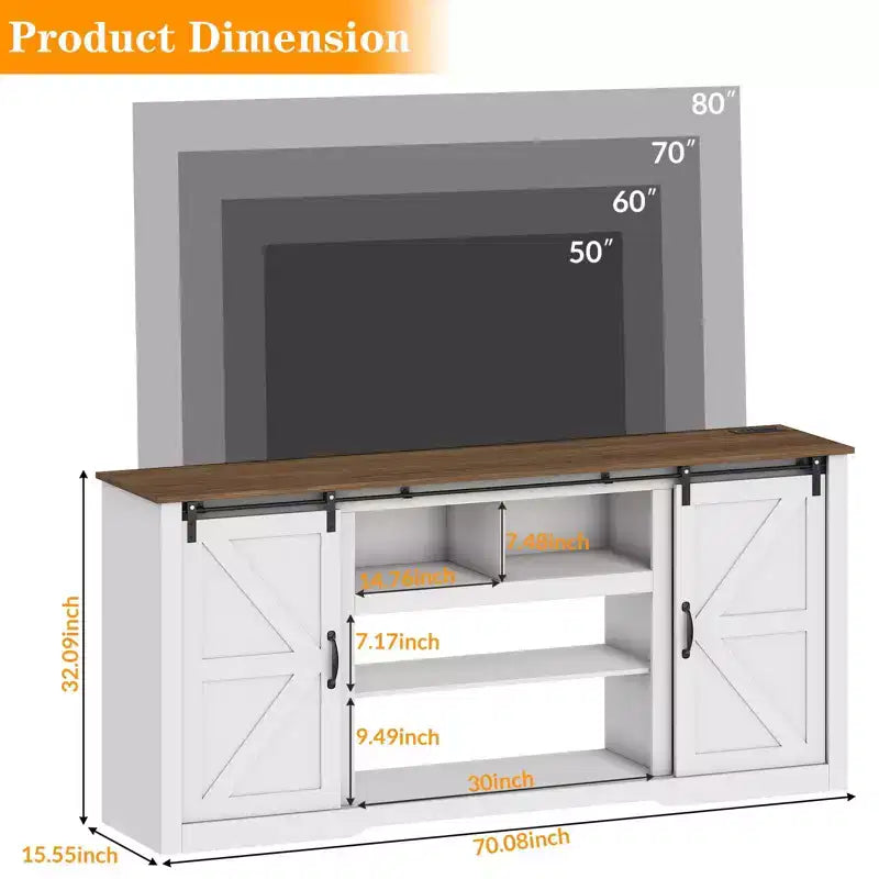 Meubles TV de style rustique pour téléviseurs de 80 pouces, centre de divertissement en bois rustique avec étagères réglables et porte coulissante de grange, table console TV avec rangement ouvert