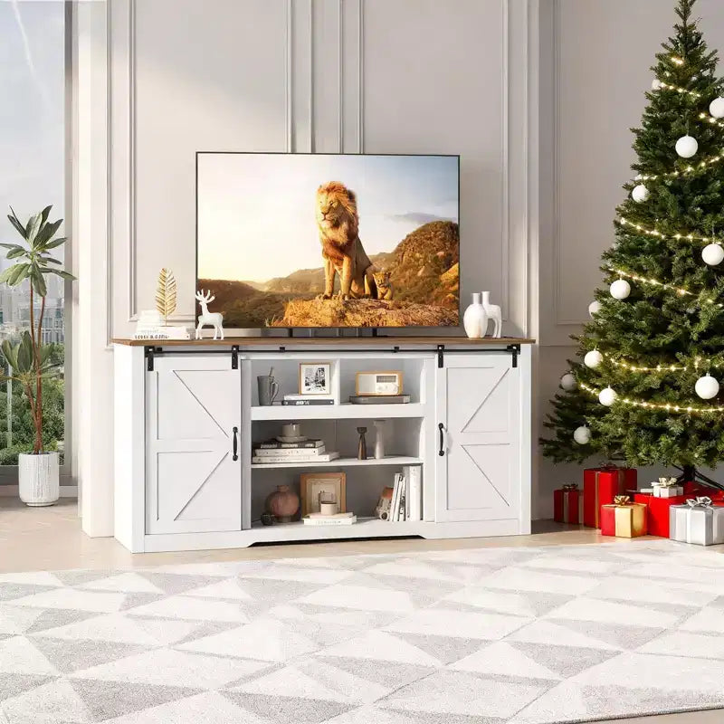 Meubles TV de style rustique pour téléviseurs de 80 pouces, centre de divertissement en bois rustique avec étagères réglables et porte coulissante de grange, table console TV avec rangement ouvert