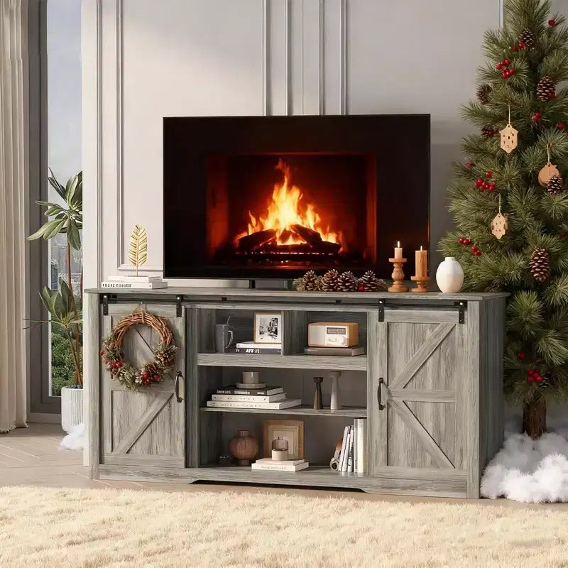 Meubles TV de style rustique pour téléviseurs de 80 pouces, centre de divertissement en bois rustique avec étagères réglables et porte coulissante de grange, table console TV avec rangement ouvert
