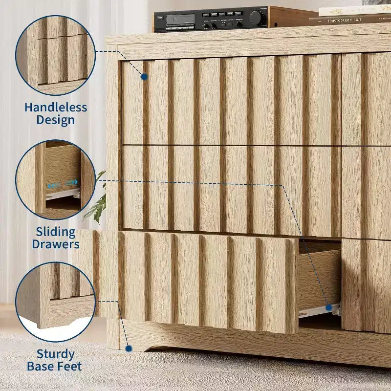 Commode Acekool à 6 tiroirs, Armoire de rangement moderne en bois pour chambre à coucher, salon, finition naturelle, 137 cm