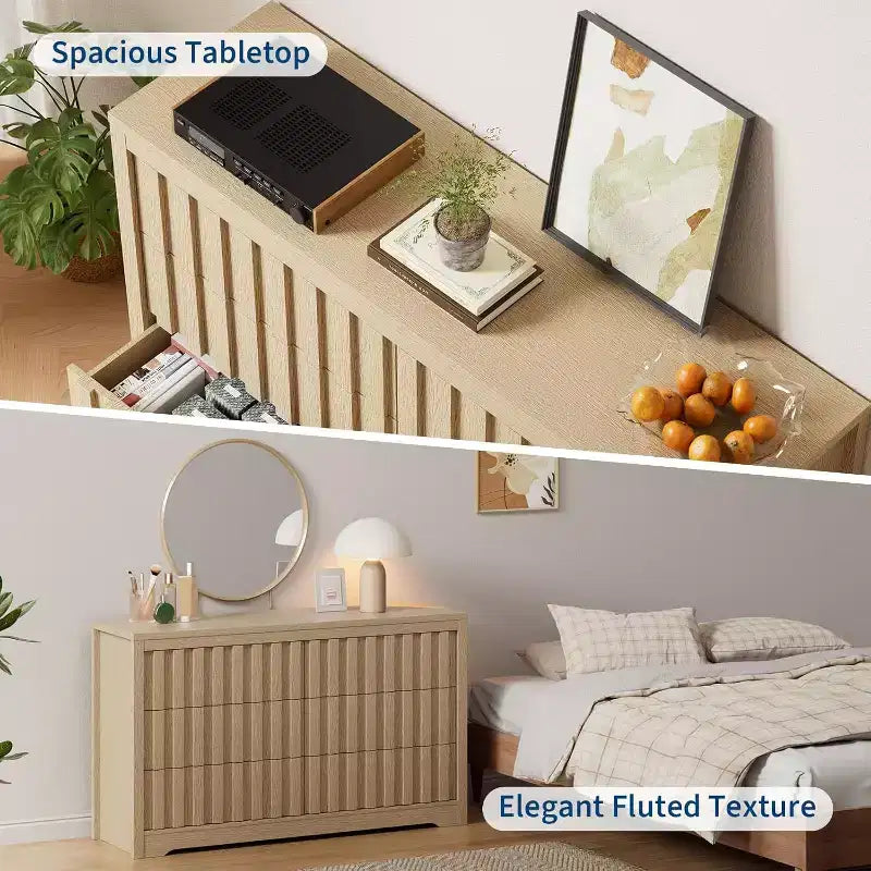 Commode Acekool à 6 tiroirs, Armoire de rangement moderne en bois pour chambre à coucher, salon, finition naturelle, 137 cm
