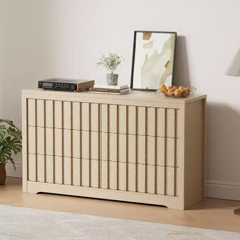 Commode Acekool à 6 tiroirs, Armoire de rangement moderne en bois pour chambre à coucher, salon, finition naturelle, 137 cm