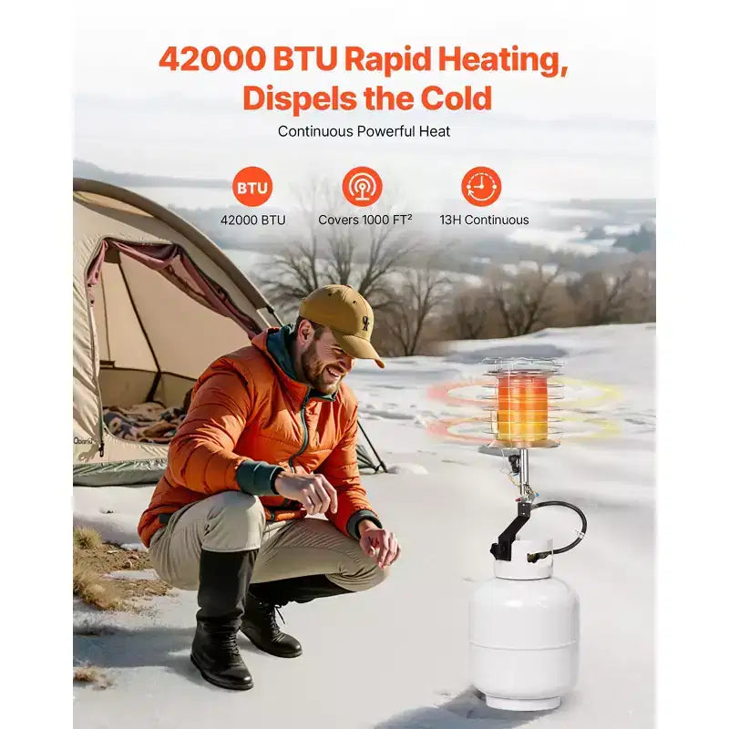 Chauffage d'appoint au propane pour bouteille de gaz VEVOR, chauffage infrarouge rapide 42 000 BTU, radiant à 360 degrés, réglage de température en continu, argent
