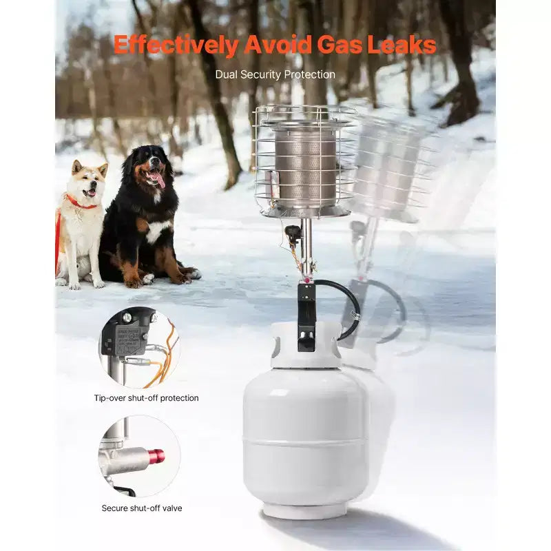 Chauffage d'appoint au propane pour bouteille de gaz VEVOR, chauffage infrarouge rapide 42 000 BTU, radiant à 360 degrés, réglage de température en continu, argent