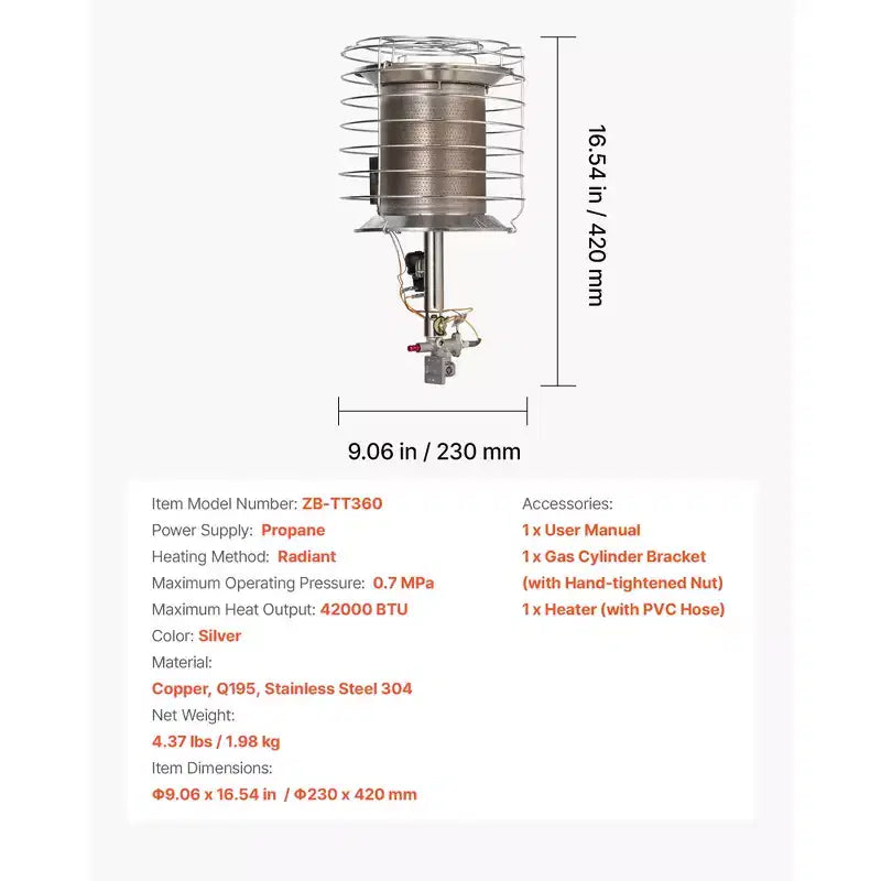 Chauffage d'appoint au propane pour bouteille de gaz VEVOR, chauffage infrarouge rapide 42 000 BTU, radiant à 360 degrés, réglage de température en continu, argent
