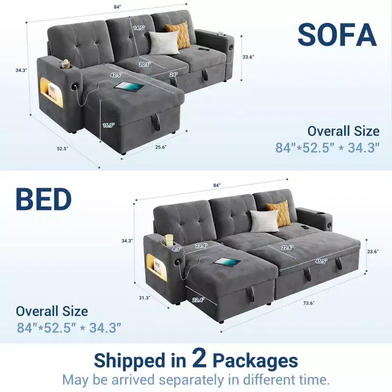 Canapé-lit de 84 pouces, canapé d'angle en L, canapé-lit convertible avec rangement, station de recharge, lumières LED, canapé sectionnel moderne pour chambre.