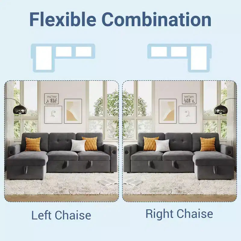 Canapé-lit de 84 pouces, canapé d'angle en L, canapé-lit convertible avec rangement, station de recharge, lumières LED, canapé sectionnel moderne pour chambre.