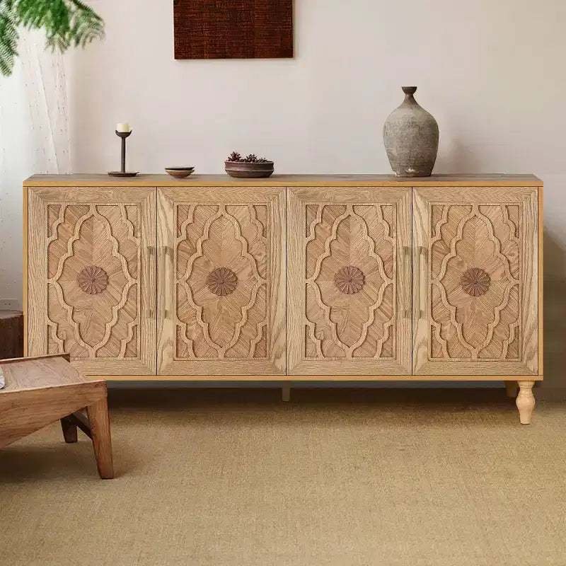 Buffet de salle à manger, Meuble bas en bois avec porte sculptée de fleurs, Poignée en métal, Buffet autoportant