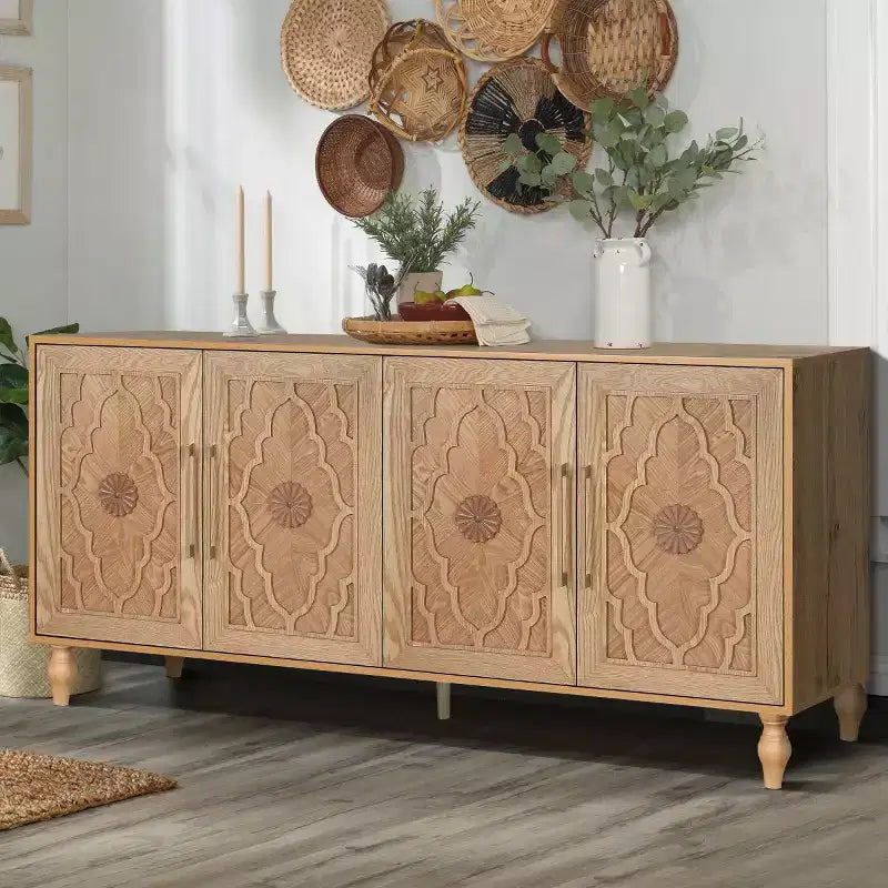 Buffet de salle à manger, Meuble bas en bois avec porte sculptée de fleurs, Poignée en métal, Buffet autoportant