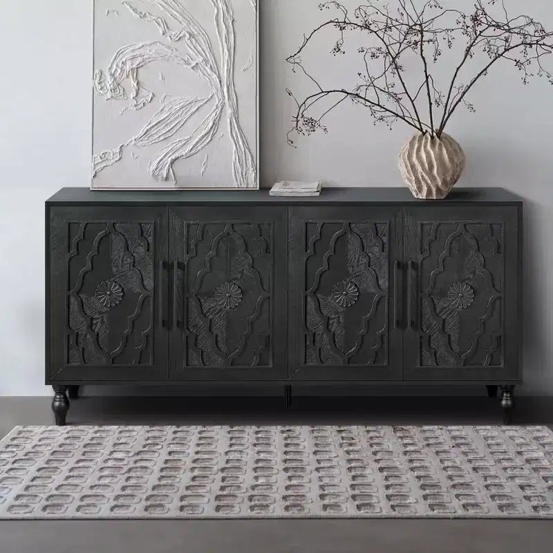 Buffet de salle à manger, Meuble bas en bois avec porte sculptée de fleurs, Poignée en métal, Buffet autoportant