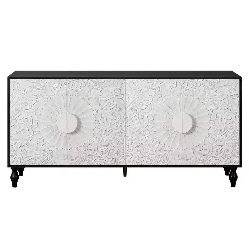 Buffet de salle à manger, Meuble bas en bois avec porte sculptée de fleurs, Poignée en métal, Buffet autoportant