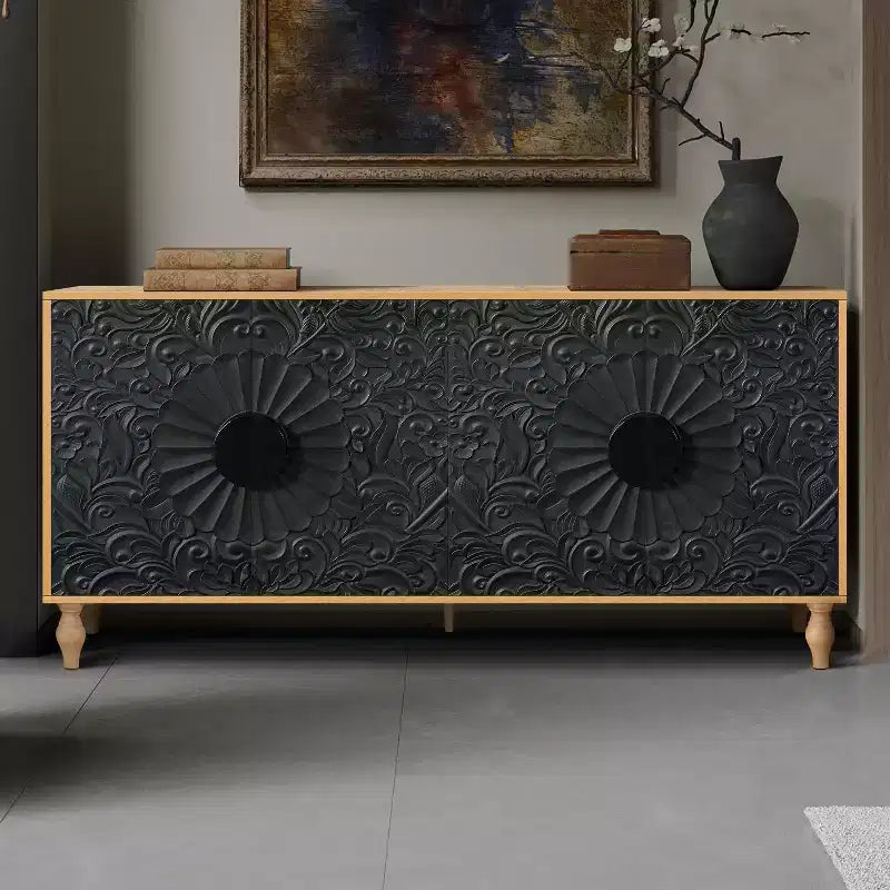 Buffet de salle à manger, Meuble bas en bois avec porte sculptée de fleurs, Poignée en métal, Buffet autoportant