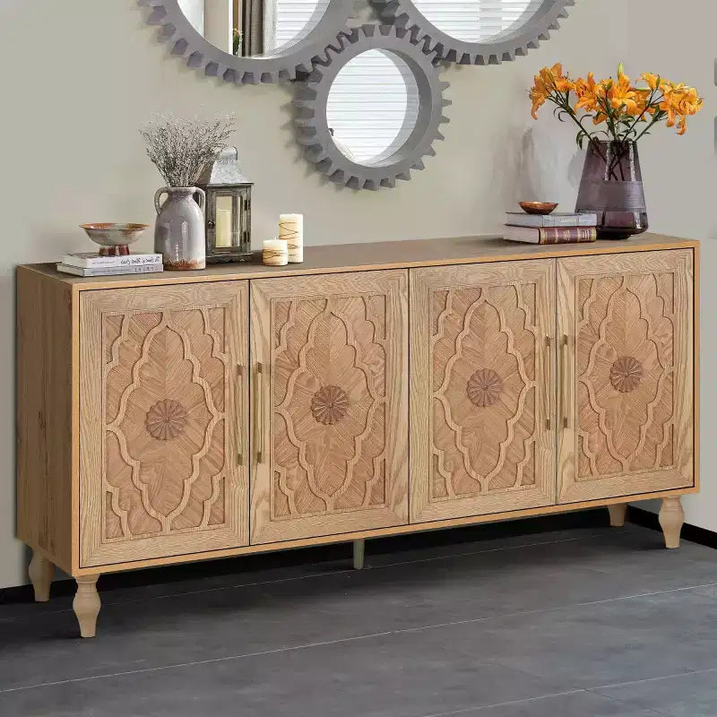 Buffet de salle à manger, Meuble bas en bois avec porte sculptée de fleurs, Poignée en métal, Buffet autoportant