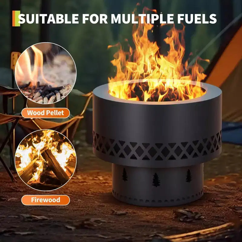 Brasero à bois sans fumée avec table - Bac à cendres amovible et sac de rangement inclus - Foyer extérieur pour terrasse, camping, feu de camp et barbecue dans le jardin