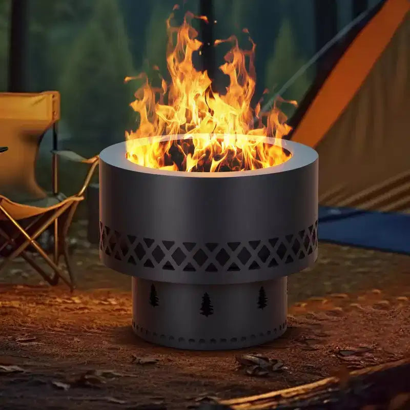 Brasero à bois sans fumée avec table - Bac à cendres amovible et sac de rangement inclus - Foyer extérieur pour terrasse, camping, feu de camp et barbecue dans le jardin