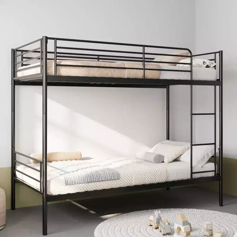 Lit superposé en métal robuste Okak, taille double, avec échelles et garde-corps haut, cadre de lit contemporain pour chambre à coucher, appartements