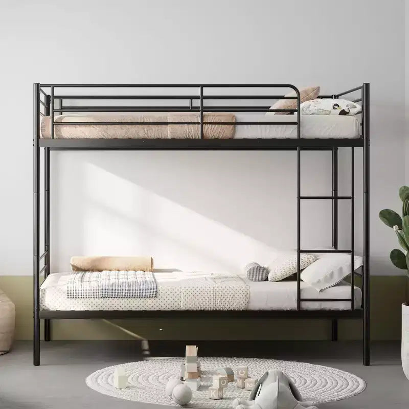 Lit superposé en métal robuste Okak, taille double, avec échelles et garde-corps haut, cadre de lit contemporain pour chambre à coucher, appartements