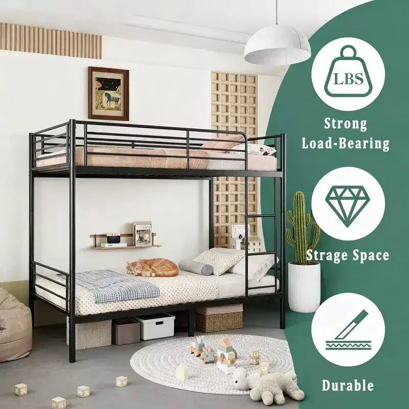 Lit superposé en métal robuste Okak, taille double, avec échelles et garde-corps haut, cadre de lit contemporain pour chambre à coucher, appartements