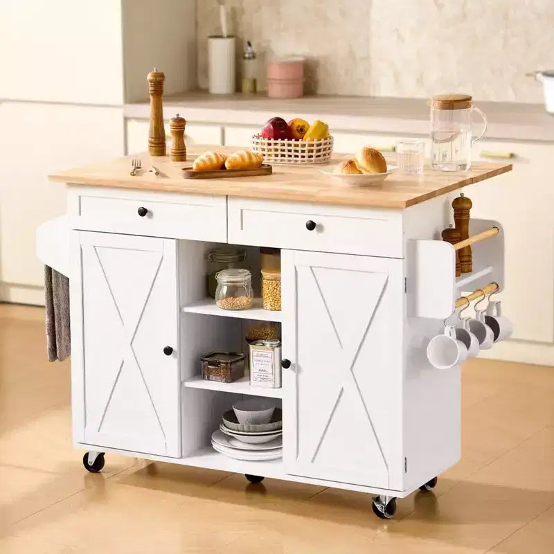 VEVOR Chariot d'îlot de Cuisine, avec Dessus en Bois Massif et Armoire de Rangement, Table Roulante Mobile avec Abattant, Tiroirs, Largeur 132 cm, Blanc