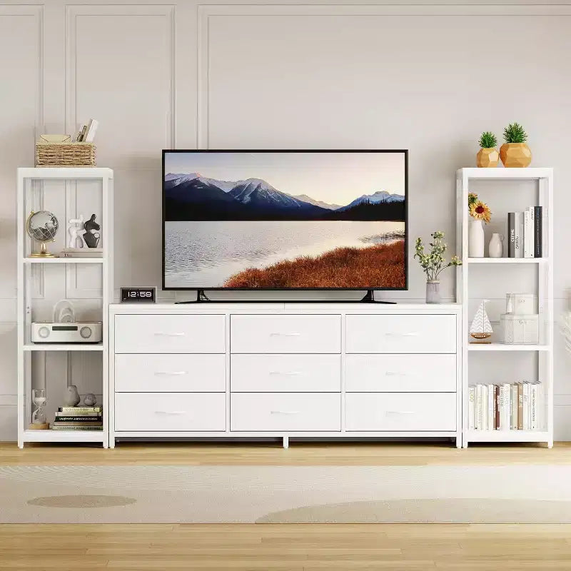 Meuble TV commode à 9 tiroirs en tissu, grand meuble de divertissement avec 2 étagères industrielles à 4 niveaux, meuble TV console moderne pour salon