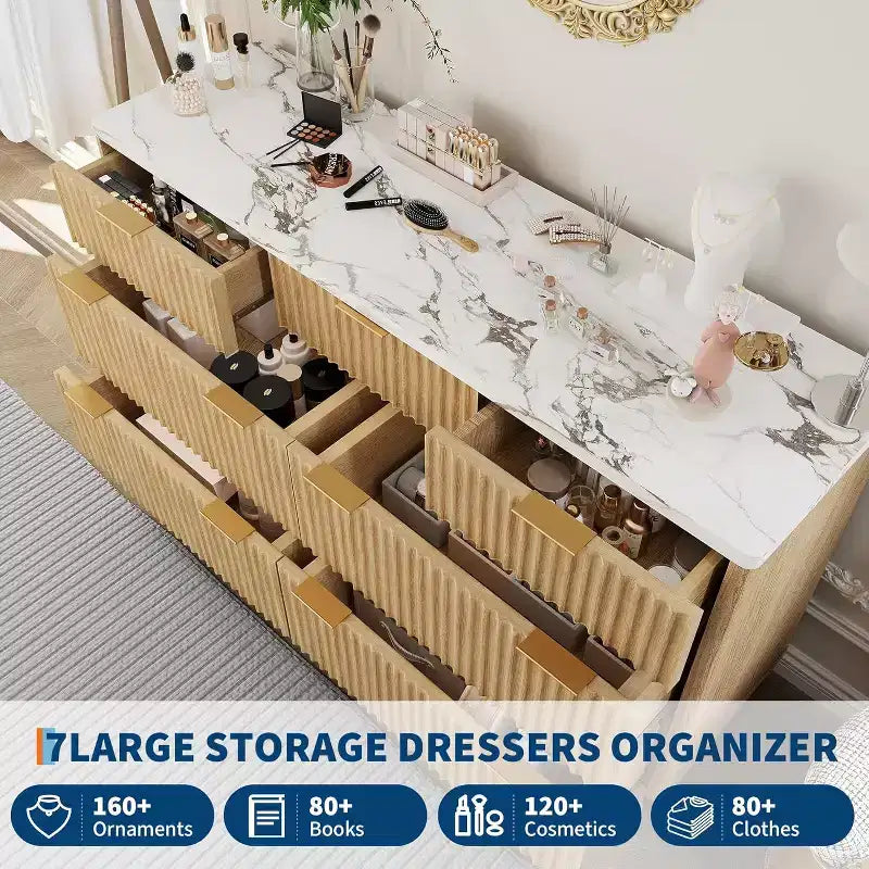 Commode de chambre à 7 tiroirs cannelés, commode moderne de 137 cm de large, meuble de rangement en bois pour chambre, salon, couloir