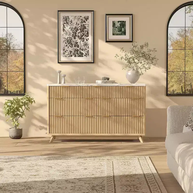 Commode de chambre à 7 tiroirs cannelés, commode moderne de 137 cm de large, meuble de rangement en bois pour chambre, salon, couloir