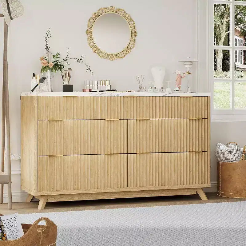 Commode de chambre à 7 tiroirs cannelés, commode moderne de 137 cm de large, meuble de rangement en bois pour chambre, salon, couloir