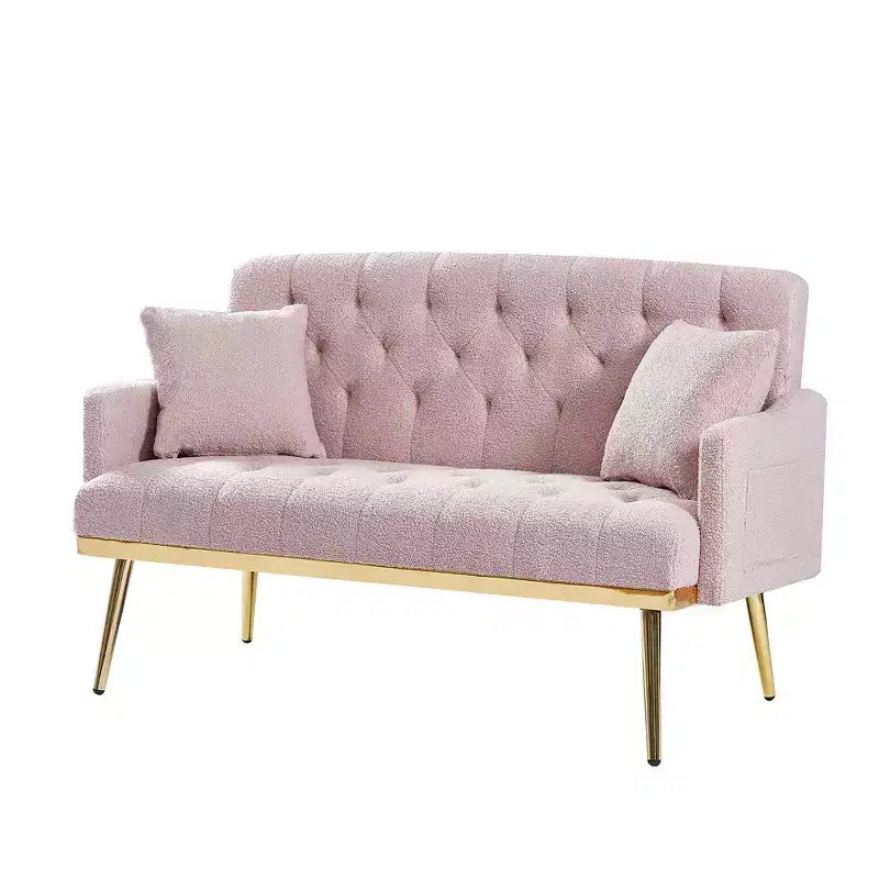 Causeuse capitonnée avec 2 oreillers, pieds en métal, canapé convertible en mousse pour chambre d'amis, bureau, salon, tissu teddy rose