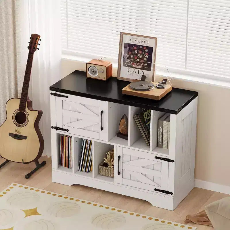 Meuble de rangement pour disques vinyles COZONY 39, meuble de platine en bois de style ferme avec 2 portes de grange, grande table de platine pour salon et chambre