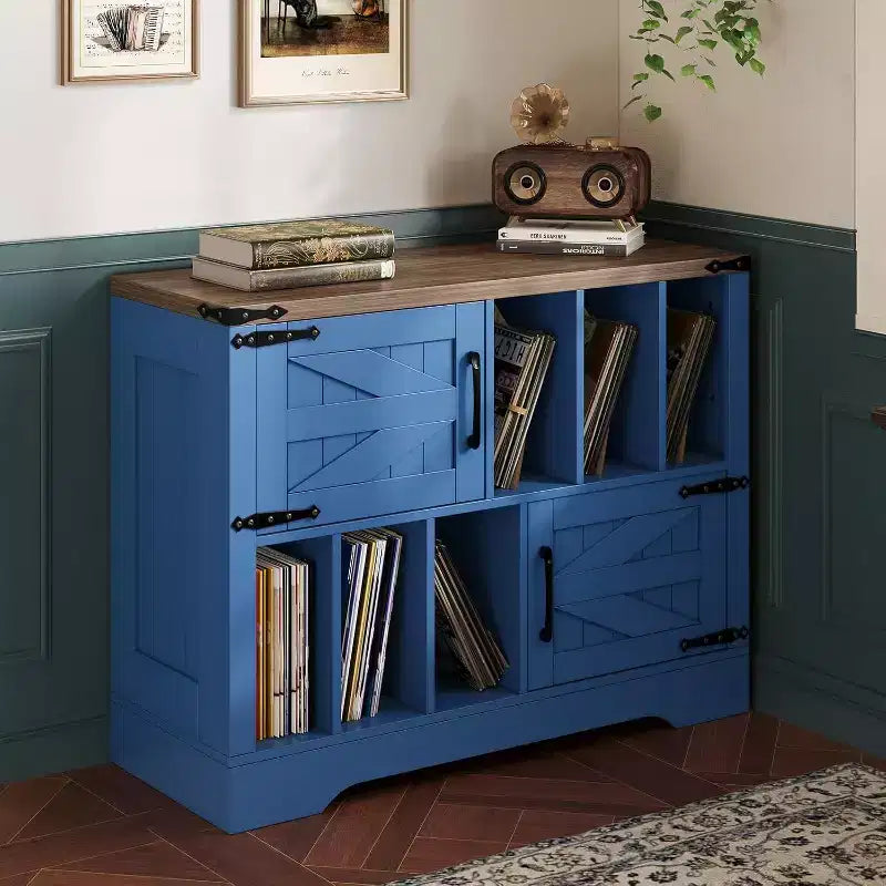 Meuble de rangement pour disques vinyles COZONY 39, meuble de platine en bois de style ferme avec 2 portes de grange, grande table de platine pour salon et chambre