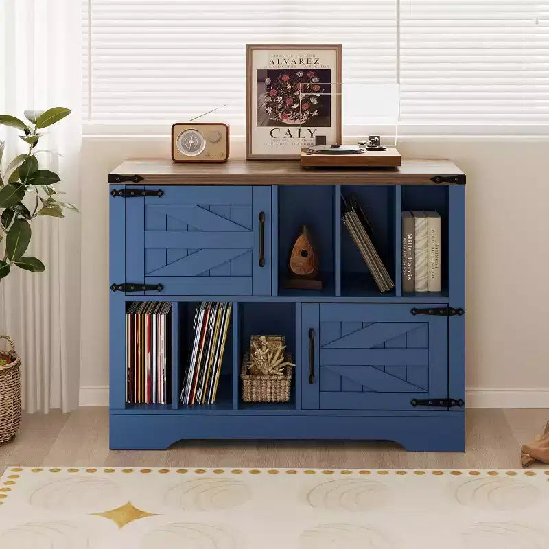 Meuble de rangement pour disques vinyles COZONY 39, meuble de platine en bois de style ferme avec 2 portes de grange, grande table de platine pour salon et chambre