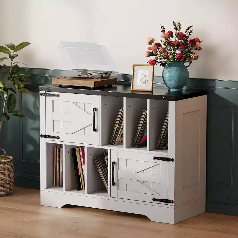 Meuble de rangement pour disques vinyles COZONY 39, meuble de platine en bois de style ferme avec 2 portes de grange, grande table de platine pour salon et chambre