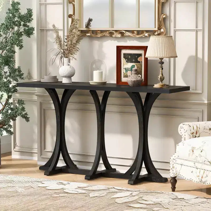JVNOXK59.8'' Console en bois avec plateau en placage de chêne, Table d'entrée de ferme avec pieds incurvés élancés en bois d'hévéa, Noir
