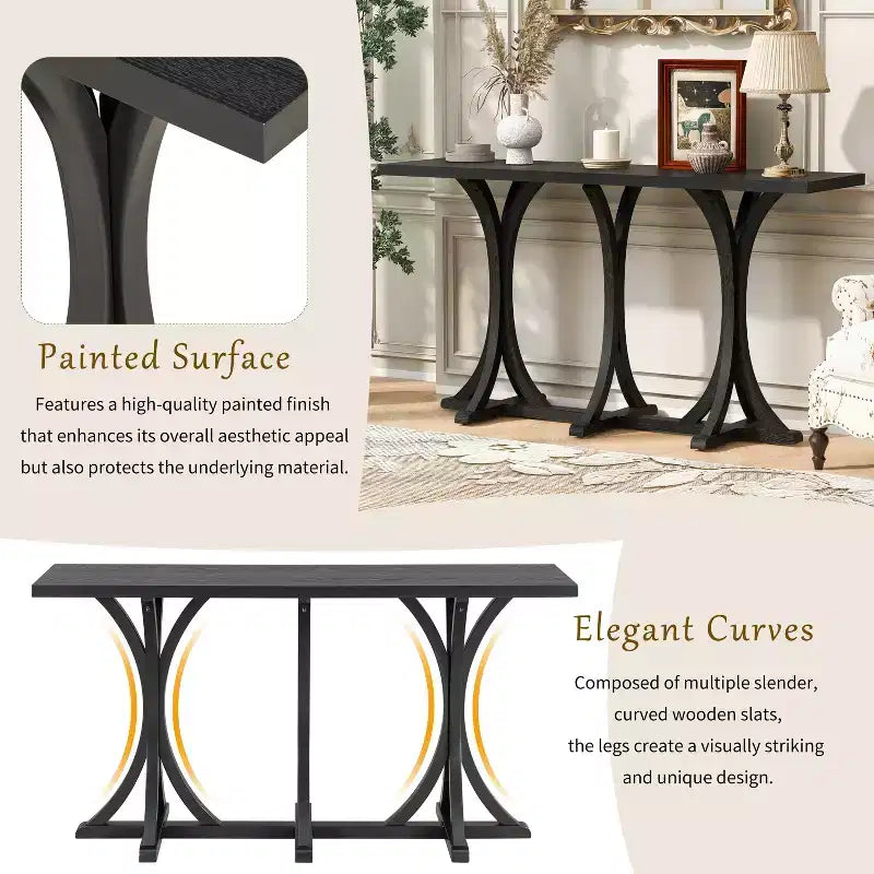JVNOXK59.8'' Console en bois avec plateau en placage de chêne, Table d'entrée de ferme avec pieds incurvés élancés en bois d'hévéa, Noir