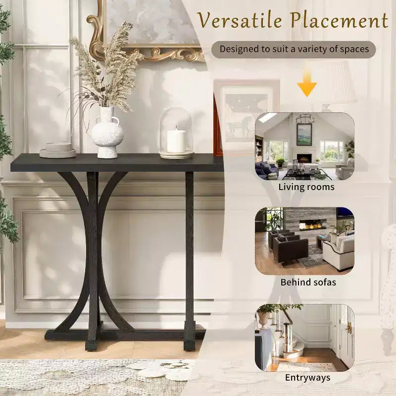 JVNOXK59.8'' Console en bois avec plateau en placage de chêne, Table d'entrée de ferme avec pieds incurvés élancés en bois d'hévéa, Noir