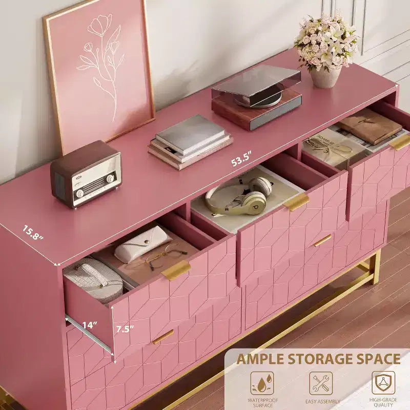 Commode à tiroirs Acekool, commode moderne de 136 cm de large avec façade cannelée, poignées et pieds dorés, organisateur de rangement pour chambre, dressing