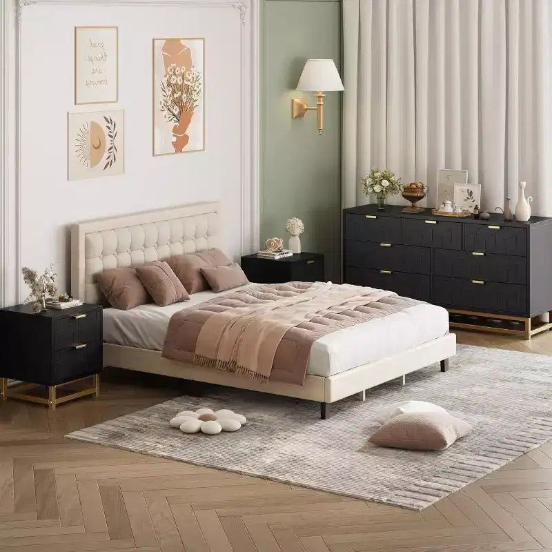 Commode à tiroirs Acekool, commode moderne de 136 cm de large avec façade cannelée, poignées et pieds dorés, organisateur de rangement pour chambre, dressing