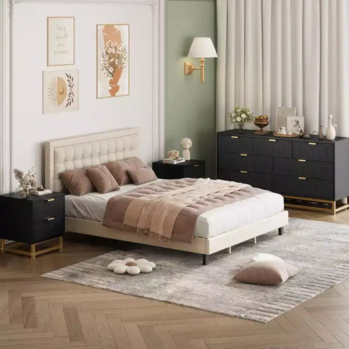 Commode à tiroirs Acekool, commode moderne de 136 cm de large avec façade cannelée, poignées et pieds dorés, organisateur de rangement pour chambre, dressing
