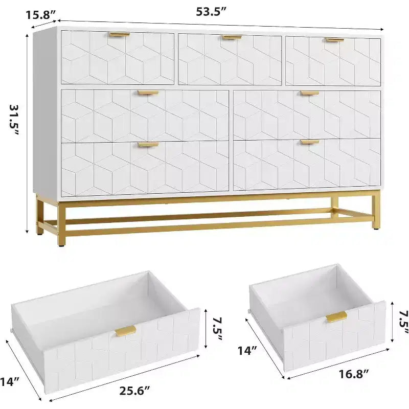 Commode à tiroirs Acekool, commode moderne de 136 cm de large avec façade cannelée, poignées et pieds dorés, organisateur de rangement pour chambre, dressing