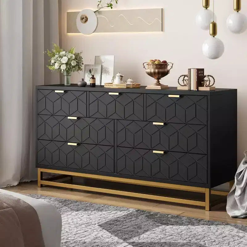 Commode à tiroirs Acekool, commode moderne de 136 cm de large avec façade cannelée, poignées et pieds dorés, organisateur de rangement pour chambre, dressing