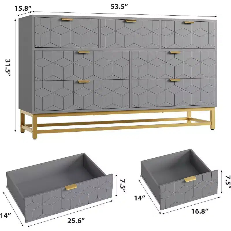 Commode à tiroirs Acekool, commode moderne de 136 cm de large avec façade cannelée, poignées et pieds dorés, organisateur de rangement pour chambre, dressing